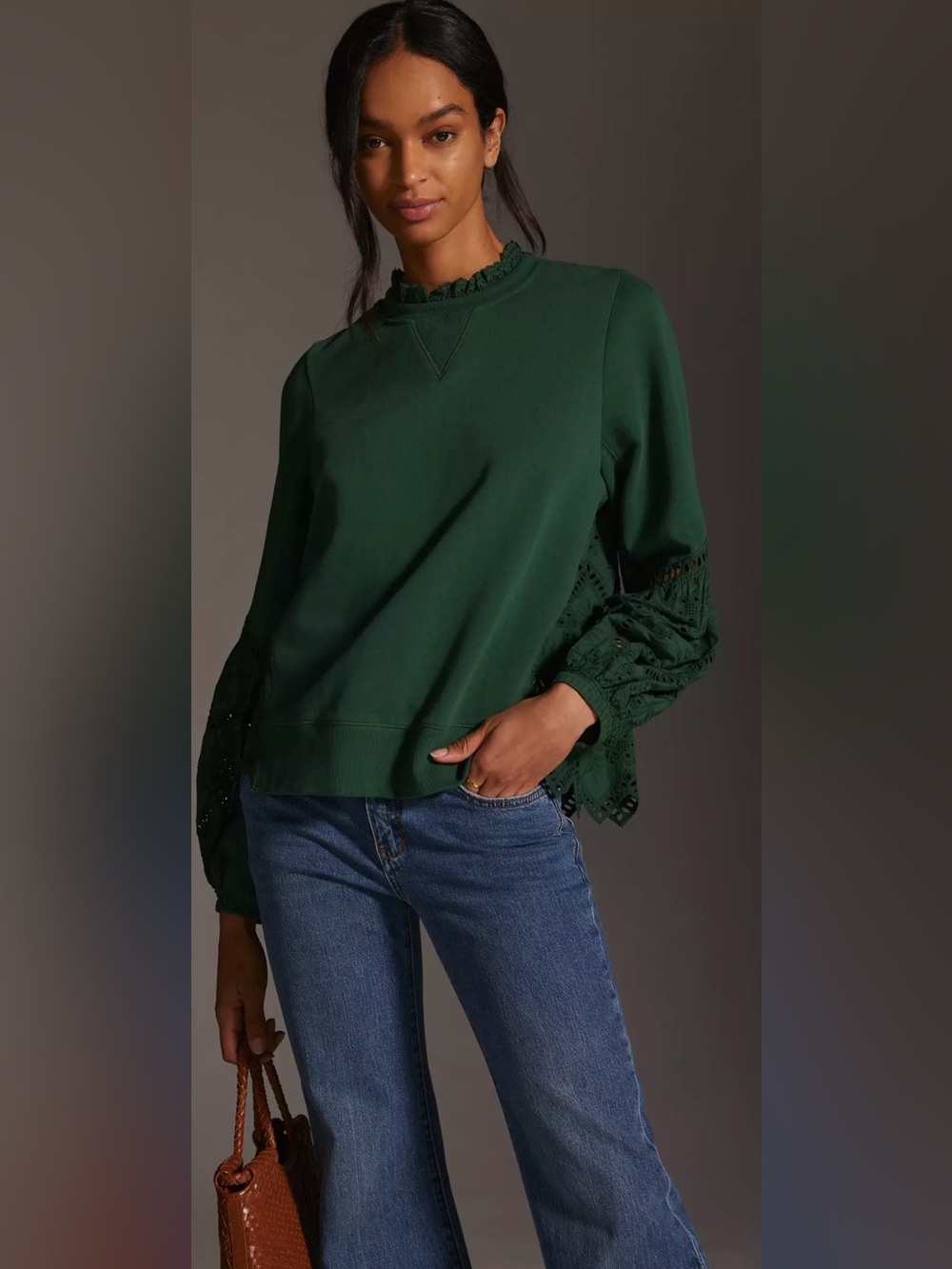 NWT Anthropologie Forever That Girl Eyelet Sweatshirt dark green size S